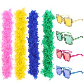 Canlierr Colored Feathers Boas Party Pack 6.6 ft Feather Boa with Large Square Sunglasses for Women Dancing Wedding(Macaron Color,8 Pcs)