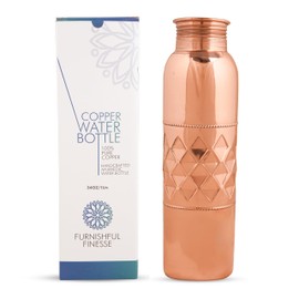 FURNISHFUL FINESSE Copper Water Bottle with Carry Bag, 960ml Natural Copper Bottle for Drinking, Ayurvedic Copper Vessel for Yoga, Meditation, Gym, Sports - 1 Pack Diamond Pattern