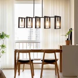 Jasopaco 5-Light Rustic Black Metal Rectangular Pendant Lighting,Farmhouse Kitchen Island Linear Chandelier,Adjustable Hanging Light Fixtures for Dining Room Living Room Bar(Bulbs Not Included)