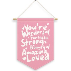 MNASAIOO Pink Inspirational Girly Kids Room Decor, You Are Wonderful Strong Banner Canvas, Preppy Nursery Positive Wall Hanging Frame Decor Art Pennant Flag for Playroom Toddler Room Preschool 11x15in