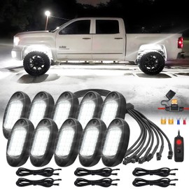 10Piece Pure White LED Rock Lights Kit 6500K with Extension Wiring Harness Power Kill Switch, 15EDs Neon Bright Underglow Light 12v Waterproof Fender Lights for Trucks Jeep Trailer Off Road ATV UTV