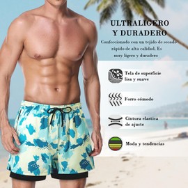 Cloeey Future Traje de Baño Hombre Adulto Corto 2 en 1, Short Playa Hombre de Natación con Bolsillos con Cremallera, Bañador de Secado Rápido