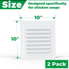 Forestchill Air Vent Louver for Chicken Coop, 2 Pack 10" x 10" Air Vent Grille with Built in Screen Mesh, Louvered Exhaust Grille for Chicken Coops Ventilation, White