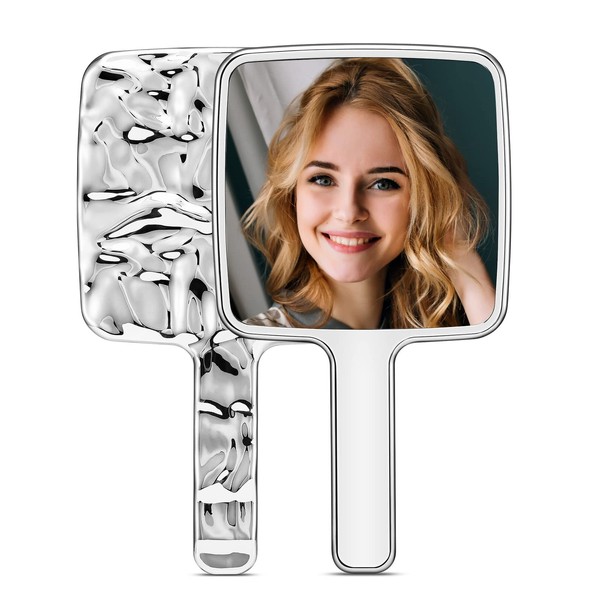 MIRRORNOVA Handheld Mirror, Water Ripples Hand Mirror with Handle for Make up, Square, Silver, Medium (5 x 9 inches)
