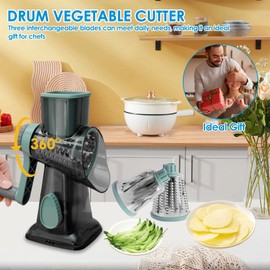 Rotary Cheese Grater, Round Vegetable Slicer with 3 Drum Stainless Steel Blades, Manual Drum Grater Chopper with Strong Suction Base, Detachable Cheese Cutter Shredder for Cheese Potato(Grey)
