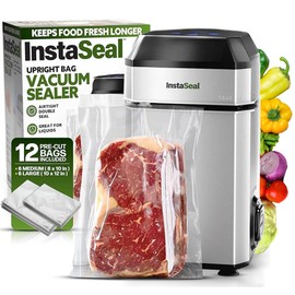 InstaSeal Vacuum Sealer for Food with 12 Bags, Preserves Foods 5x Longer, Space Saving Compact Upright Design Allows Machine to Seal Marinades, Soups, Meats for Sous Vide Cooking, Vegetables