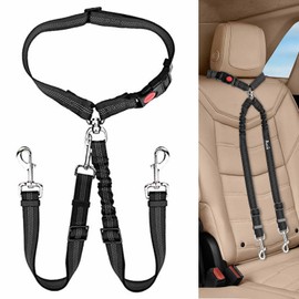 Lukovee Double Dog Seat Belt, New Dual Pet Car Headrest Restraint Safety Seatbelt No Tangle Dog Leash Duty Adjust Elastic Bungee Puppy Lead Splitter Connect Harness in Vehicle Travel (B-Detachable)