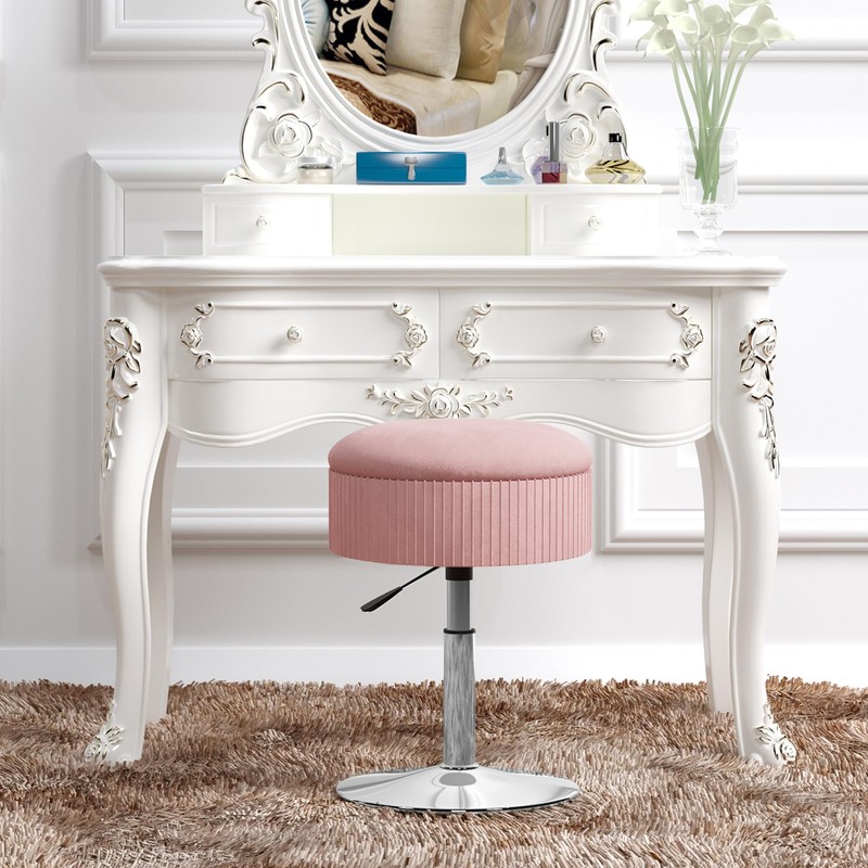 ACEQLYT Adjustable Vanity Stool with Storage, Modern Pink Vanity Chair
