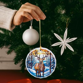White-Tailed Deer Christmas Ornament – 3 Inch Flat Round Real Glass Decoration, Stained Glass Styled Double-Sided Print – Stocking Stuffer for Father Son Hunters - Ranch Tree Decor