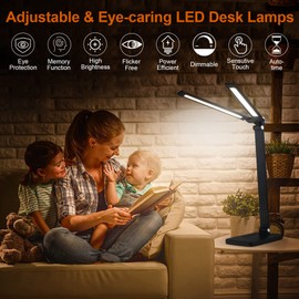 NUNET LED Desk Lamp Cordless Table Lamps USB Rechargeable Battery Operated Touch Control Double Head Piano Light for Home Office Bedroom Piano 5 Color Temperature Modes & 6 Steps Dimmable Brightness