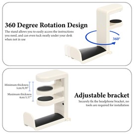 Musiin Rotating Headphone Holder, Adjustable Clip-On Headphone Holder, Under-Desk Headphone Hook with 360 Degree Rotation and Cable Clip Organizer (White)
