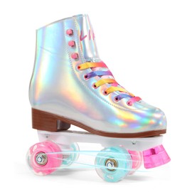 LIKU Quad Roller Skates for Girl and Women with All Wheel Light Up,Indoor/Outdoor Lace-Up Fun Illuminating Roller Skate for Kid (Shiny, 3-4)