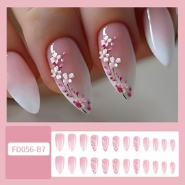 Flower Press on Nails Almond Medium Length Pink White Gradient Acrylic False Nail Pink Floral Pattern Design Full Cover Glossy Press Ons Artificial Stick on Nail DIY Reusable Glue on Nails for Women