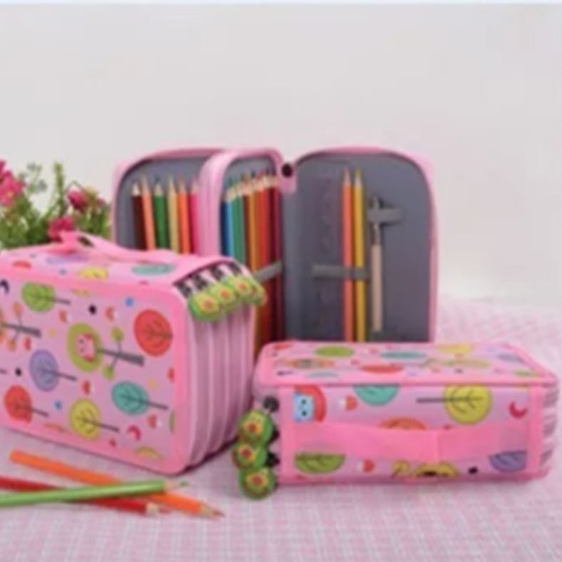 Large Pencil Case Cartoon Pink 4 Tiers 72 Holes Impact