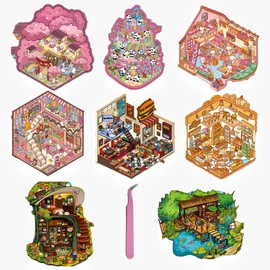 DIY 3D Scene Stickers,8 Sets of Miniature House Sticker Scene with Tweezers Make Your Own Cute Animal Cartoon Sticker for Adults Girls Relief Stress Pass The Time,Party Birthday Favors Gift