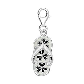 Quiges White Black Enamel Flower Flip Flop Clip On Charm Pendant with Cubic Zirconia Silver Plated Women's Jewellery