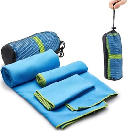 3 Pzas Toalla de Microfibra, Toalla Deportiva Súper Absorbente de Secado Rápido, Grande Toalla Suave, Ligera y Porátil, Toalla para Natación, Baño, Viajes, Gym, Deporte, Yoga, Playa con 1 Blosa (Azul)