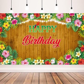 Tropical Floral Birthday Backdrop, Luau Birthday Banner for Tropical Luau Hawaiian Party Decororations, 71x43 inch (Wooden)