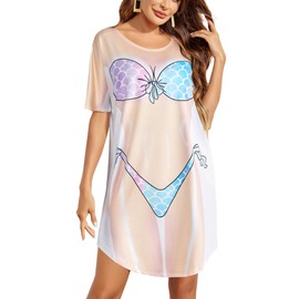 Ekouaer Short Sleeve Funny Bikini Cover Up Women Novelty Fake Body Tee Shirts Summer Bathing Suit Coverups Mermaid Shiny XL