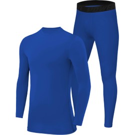PowerLayer Skins for Boys Kids Base Layer Thermal Long Sleeve Top & Tights Football Compression Set - Dazzling Blue Top + Dazzling Blue Tights, 10-12 Years