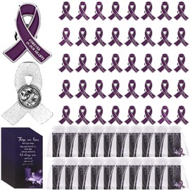 40 Sets Funeral Ribbon Pins Bulk Memorial Ribbon Metal Pins Badge Brooches Memorial Poem Cards Organza Bags Funeral Mourning Event Bereavement Remembrance Gifts for Loved Ones (Purple)