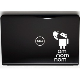 Android Eating Apple - OM NOM NOM - 3 1/2" x 6 3/4" die cut vinyl decal / bumper sticker for windows, cars, JDM, trucks, bumpers, tool boxes, boats, laptops - virtually any hard, smooth surface. MADE IN THE USA