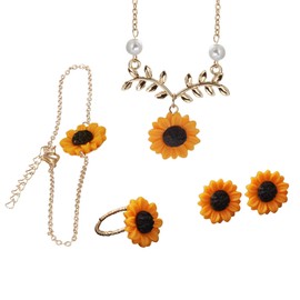 5PCS Sunflower Jewelry Set for Women Daisy Sunflower Dangle Earrings Sunflower Necklace Sunflower Bracelet Sunflower Ring Summer Jewelry Gifts for Women Girls