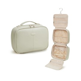 EACHY Toiletry Bag with Hanging Hook, Travel Makeup Bag PU Leather Cosmetic Bags for Women Make Up Organizer with 4 Compartments Waterproof Full-Size Portable Travel Essentials (Fog Green，Pro)