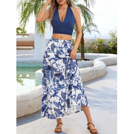 FENSACE Women Two Piece Outfits Sets Summer Halter Neck Top Maxi Skirt Beach Vacation Dresses(White Blue Floral,Large)