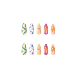 SINHOT Short Press on Nails Oval - Colorful Fake Nails Glossy Glue on Nails Cute Pattern Acrylic Nail Cute Star Flower Oval Artificial Nail Art Summer Stick on False Nails with Design DIY 24 pcs