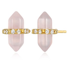 MORGAN & PAIGE Rose Quartz Healing Crystal Stud Earrings Earrings for Women - Cubic Zirconia 18K Yellow Gold Plated Sterling Silver Chakra Point Stone
