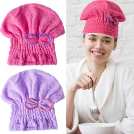 2PCS Super Absorbent Hair Towel Wrap for Wet Hair Microfiber Hair Towel Wrap,Bow-Knot Button-Free Coral Fleece Dry Hair Hat, Hair Turbans Hair Turban Towel for Wet Hair (Rose red and Light purple)