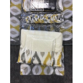 18 Piece Bath Rug Silver Grey Gold Print Bathroom Rugs Shower Curtain/Rings and Towels Sets-Keena Yellow