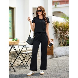Aottori Two-Piece Leisure Suit Women's Summer Outfits Tracksuit Short Sleeve 2-Piece Leisure Suit Jogging Suit Tracksuit Sport Lounge Set Elegant Loungewear Homewear, black, L