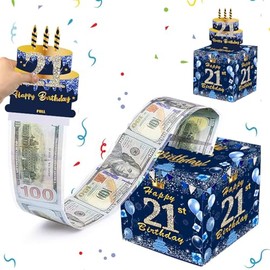 Blue Gold Money Gifts Packaging with 3D Pop Up Birthday Greeting Cards, 21st Birthday Gift Box Surprise Box, DIY Mystery Puzzle Box, Money Gift Packaging for Your Family, Children, Friends