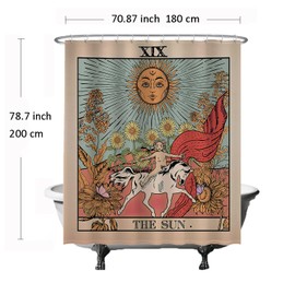 Ulticool Shower Curtain - Sun Nature Flowers Tarot Horoscope Vintage Retro - 180 x 200 cm - Washable - Anti Mould - Waterproof - with 12 Rings - Terra Cotta