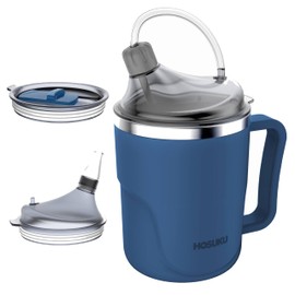 HOSUKU Spill-Proof Cup for Elderly, 13.5oz Stainless Steel Sippy Cup with Straw, Ideal for Seniors and Adults, Great for Water, Milk, and Soup (Blue), Health & Household Supplies