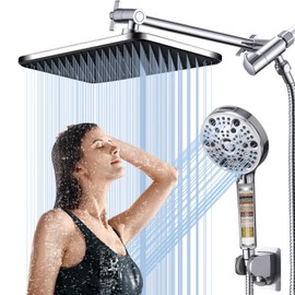 DHKJLUXU 14‘’Large High Pressure Filtered Shower Head Combo-9 Spray Modes Handheld Showerhead with Filters,Dual Shower Heads ，70" Anti-Kink Hose ，11" Adjustable Extension Arm for couple Bathroom