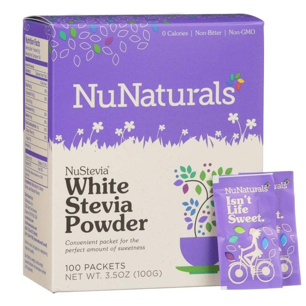 NuNaturals White Stevia Powder, All Purpose Natural Plant Based Sweetener, Sugar-Free, 100 Packets
