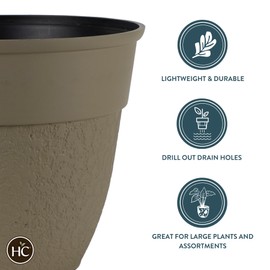 The HC Companies 16 Inch Brookhaven Decorative Round Planter - Lightweight Premium Resin Plant Pot with a Stonelike Texture for Indoor Outdoor Use, Taupe