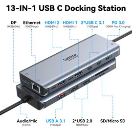 USB C Docking Station Dual Monitor, USB-C Hub Multiport 13 in 1 Dongle Adapter with 2HDMI Displayport DP Ethernet 100W PD 5 USB Port SD/TF Card Reader Mic/Audio for MacBook Air/Dell/Surface/HP/Lenovo