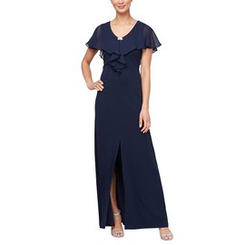 S.L. FASHIONS Women's Long Fit & Flare Dress with Illusion Overlay Bodice and Front Slit (Petite and Regular Sizes), Navy