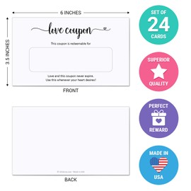 321Done Love Coupons, Made in USA - 3.5x6 White, DIY Blank Coupon Cards for Husband, Wife, Couples, Date Night Ideas, Romantic Gift Vouchers for Valentine's, Anniversary, Birthday, Wedding - 24-Pack