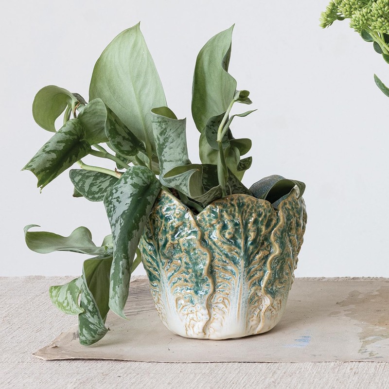 Creative Co-Op Embossed Stoneware Cabbage Planter with Reactive Glaze, Green