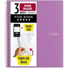Five Star Spiral Notebook + Study App, 3 Subject, Wide Ruled Paper, 8" x 10-1/2", 150 Sheets, Fights Ink Bleed, Water Resistant Cover, Amethyst Purple (38737)