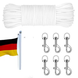 Fahnenmast Seil, 20M Fahnenseil mit 6 Stück Zink-Gold Universalhaken, Weiß Nylon Flaggenseil, Fahnenmast Zubehör für Garten, Heimseil, Zelt, Outdoor, Camping, Wäscheleine, Himmelsvorhang