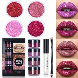 Makeup Lip Primer Kit Metllic High Pigmented Powder Long Lasting Glitter Lip Kit with Brush Red