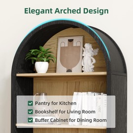 infurnic Arch Storage Cabinet with Beech-Wooden Door, 60” Arched Display Floor Cabinet, 4 Tier Farmhouse Buffet Cabinet with Storage for Dining Room, Living Room, Home Office or Kitchen(Black)