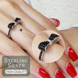 Black and Clear Cubic Zirconia Ribbon Bow Ring Sterling Silver Size 8