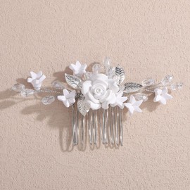 Lenjicons Vintage White Flower Hair Comb Leaf Flower Wedding Hair Comb Rhinestone Beads Bridal Headpiece Handmade Rhinestone Wedding Hairpiece for Women
